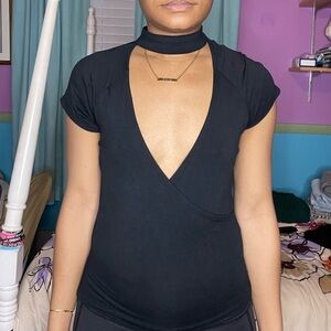 Black Faux Wrap Mock Neck Top